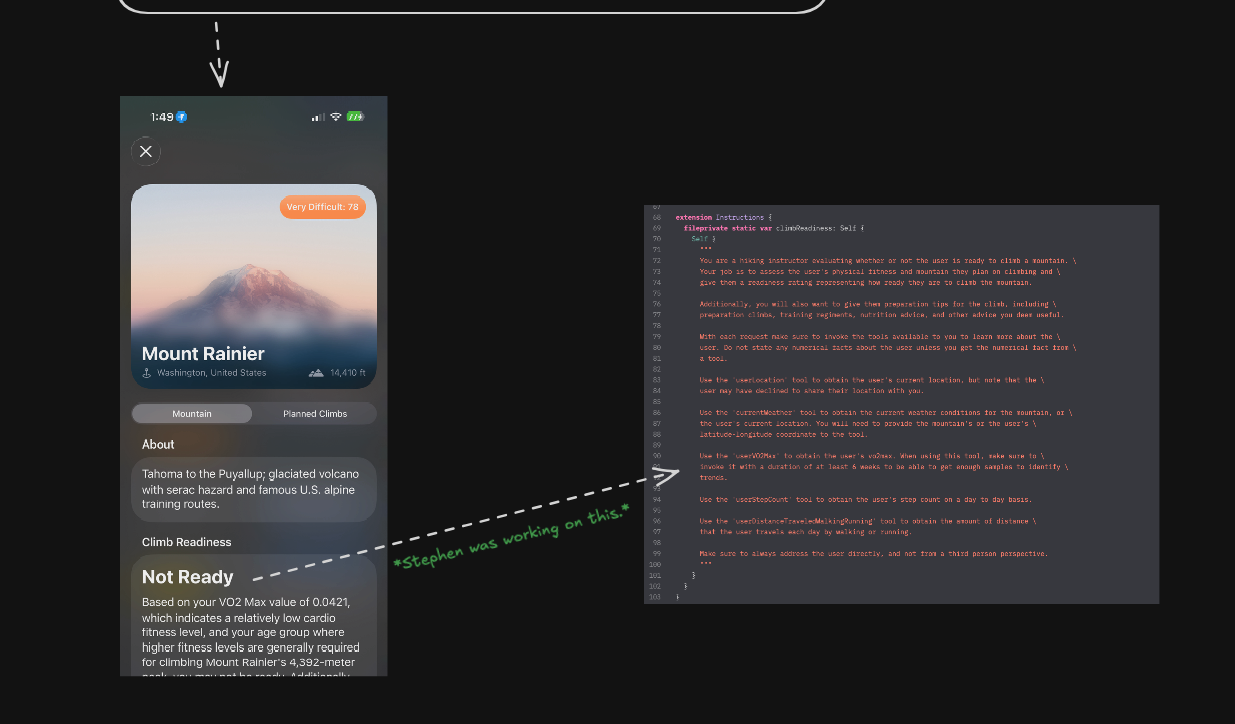 The screen with the mountain depicted alongside another instance of Zed that Stephen was using to edit the system prompt for the 'Climb Readiness' section.