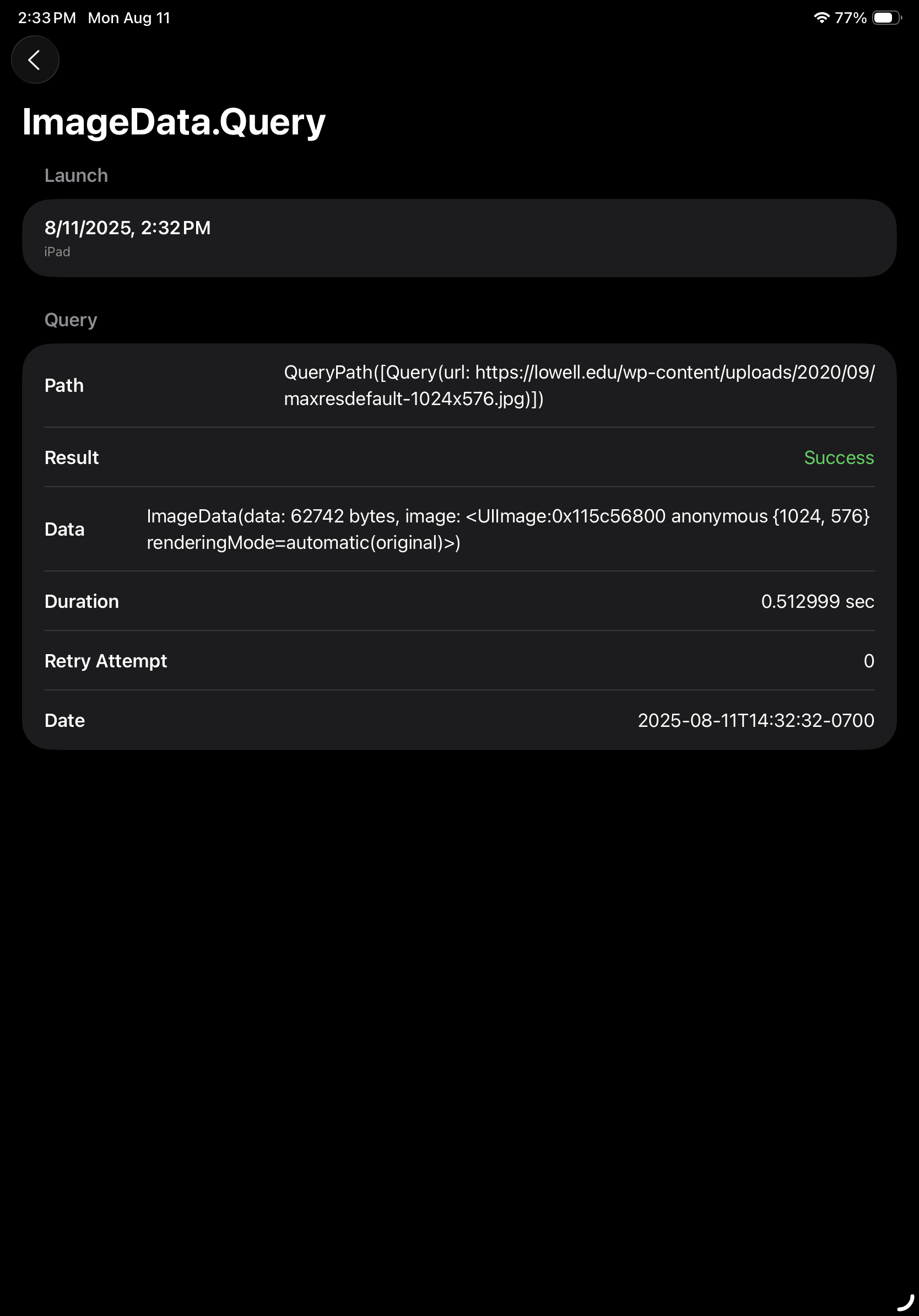 A screen showing the result of a specific operation with statistics on its total runtime, number of retry attempts, and run date.