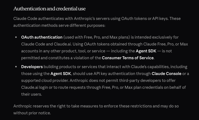 An image displaying Claude Code's terms of service in which they forbid the use of OAuth credentials for any product, tool, or service (including the Agent SDK) that isn't Claude Code or Claude.ai.